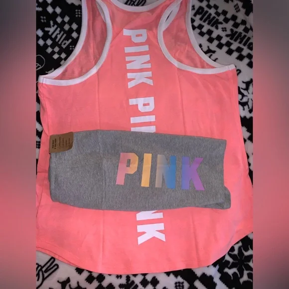 VS Pink 6” Cotton Biker Shorts Rainbow Gradient & Coral Flash Racerback Tank Top
